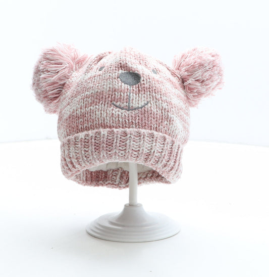 F&F Girls Pink Acrylic Bobble Hat One Size - Teddy Bear