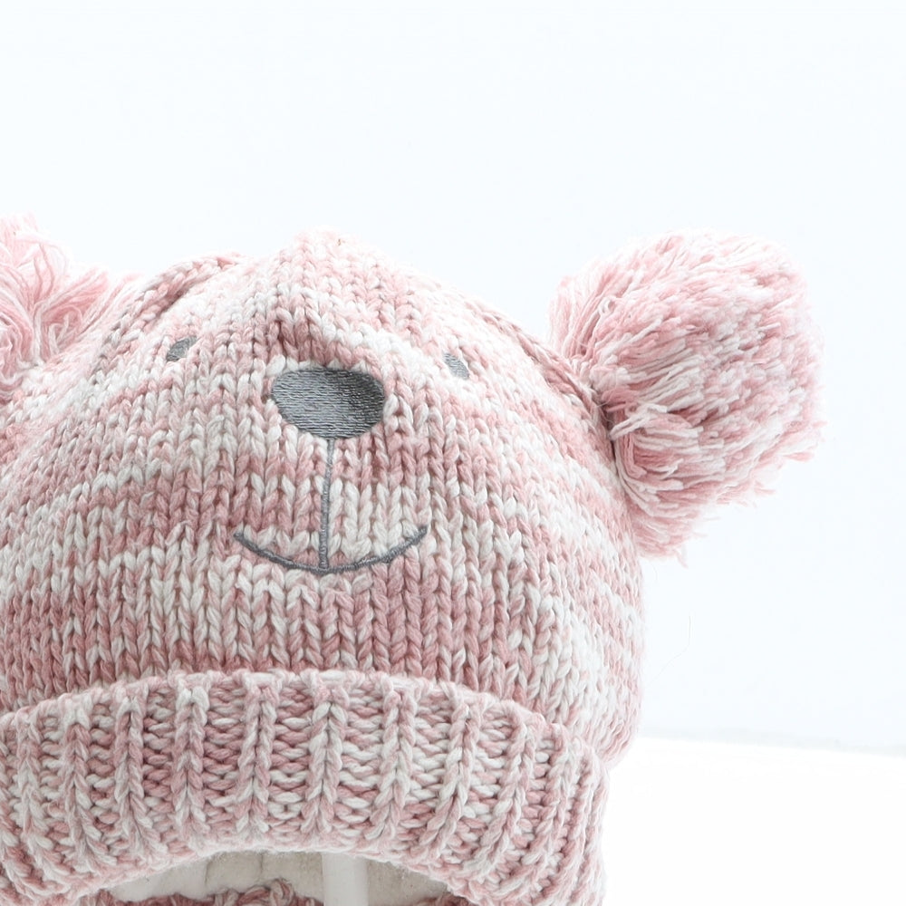 F&F Girls Pink Acrylic Bobble Hat One Size - Teddy Bear