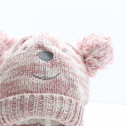 F&F Girls Pink Acrylic Bobble Hat One Size - Teddy Bear