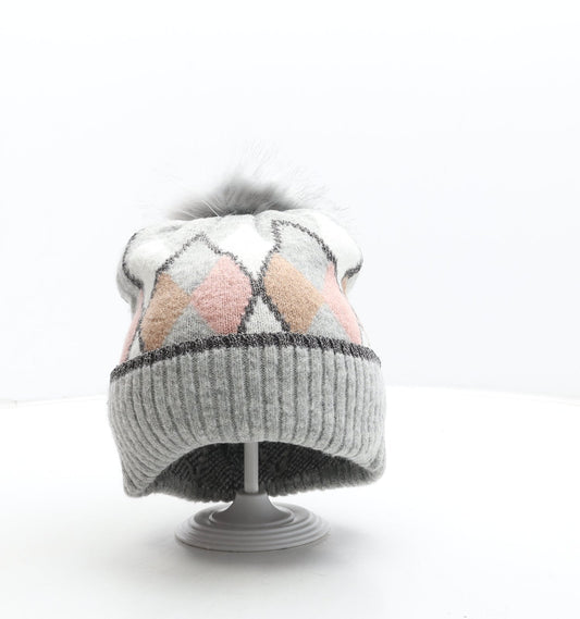 George Womens Grey Argyle/Diamond Acrylic Bobble Hat One Size