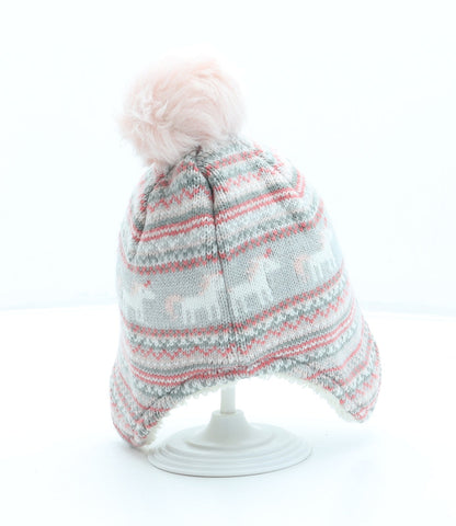 George Girls Grey Fair Isle Acrylic Bonnet One Size - Pom Pom