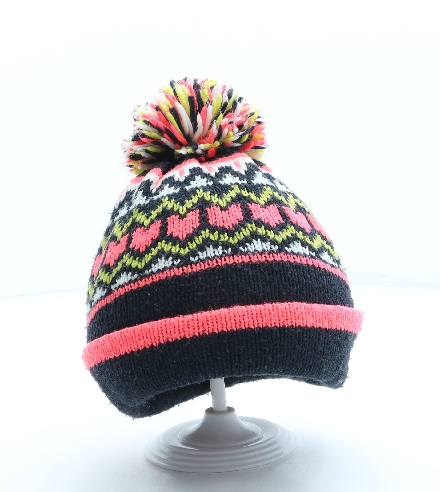 F&F Girls Multicoloured Fair Isle Acrylic Bobble Hat One Size - Pom Pom