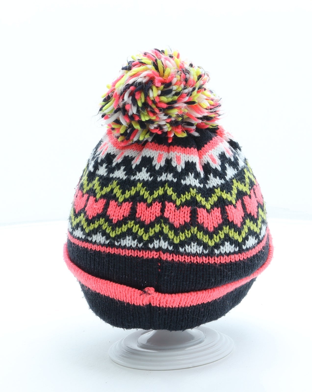 F&F Girls Multicoloured Fair Isle Acrylic Bobble Hat One Size - Pom Pom