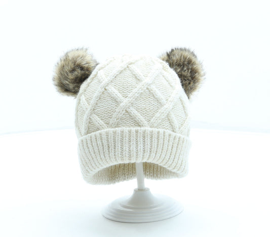 F&F Girls Beige Acrylic Bobble Hat One Size - Unisex