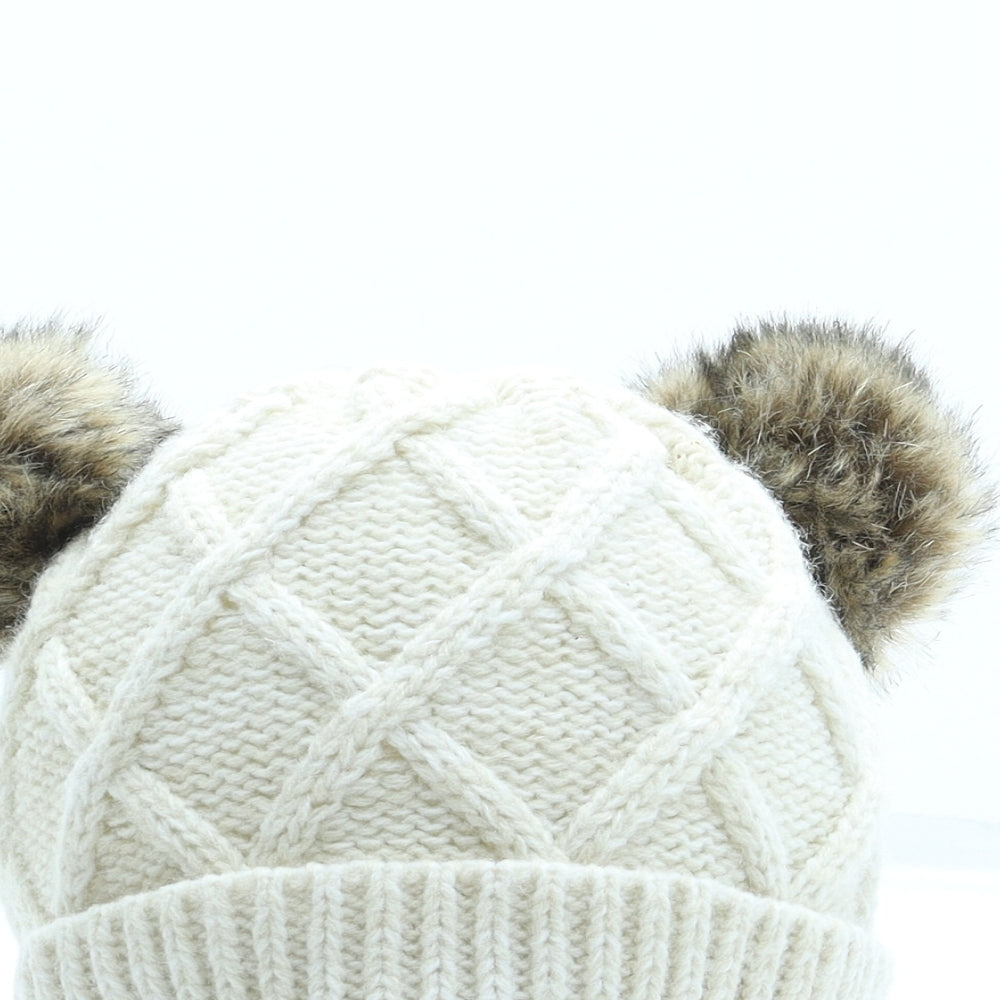 F&F Girls Beige Acrylic Bobble Hat One Size - Unisex