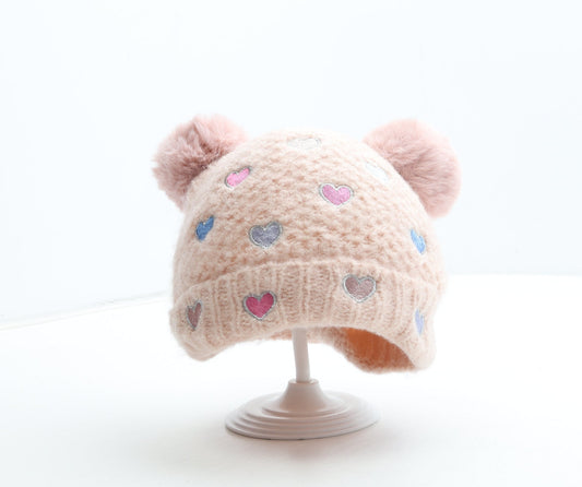 Preworn Girls Pink Acrylic Bobble Hat Size S - Heart Detail
