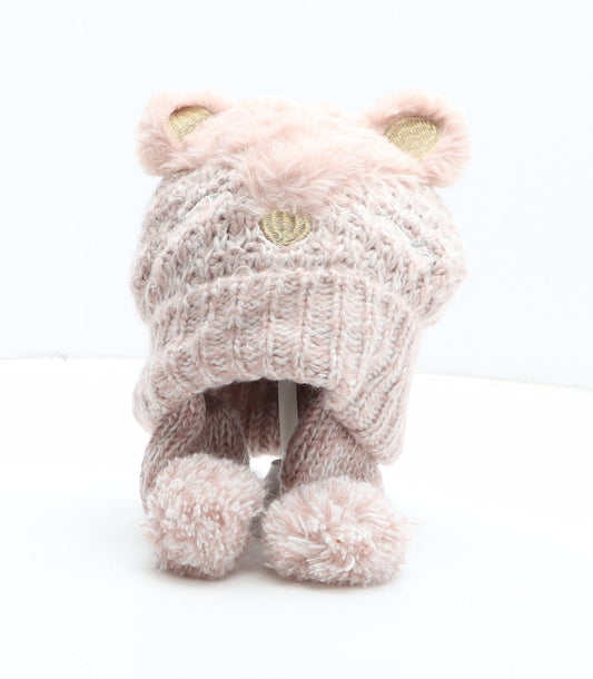 Preworn Girls Pink Acrylic Bobble Hat One Size - Teddy Bear