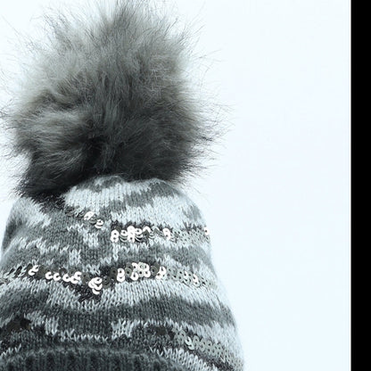 George Girls Grey Animal Print Acrylic Bobble Hat One Size - Zebra