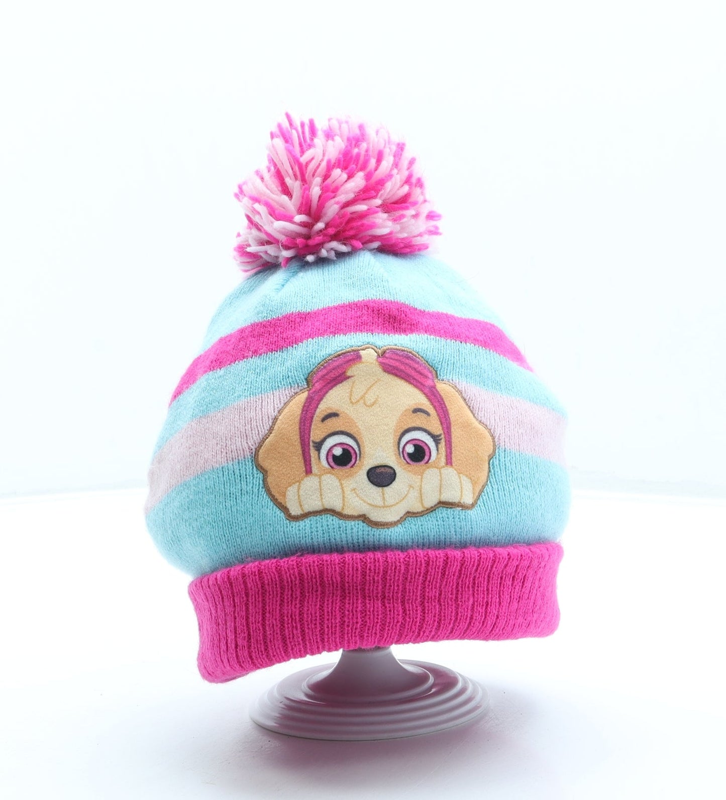 George Girls Pink Striped Acrylic Bobble Hat One Size - Paw Patrol