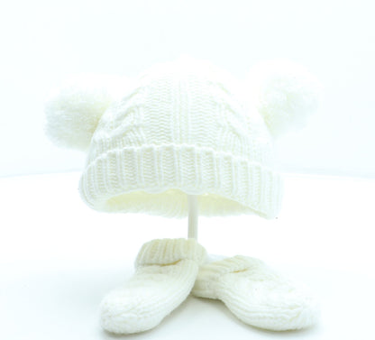 F&F Girls Ivory Acrylic Bobble Hat One Size - Mittens included