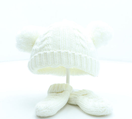 F&F Girls Ivory Acrylic Bobble Hat One Size - Mittens included