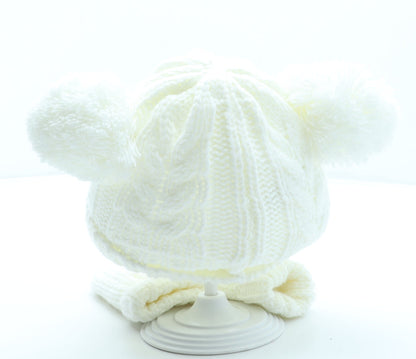 F&F Girls Ivory Acrylic Bobble Hat One Size - Mittens included