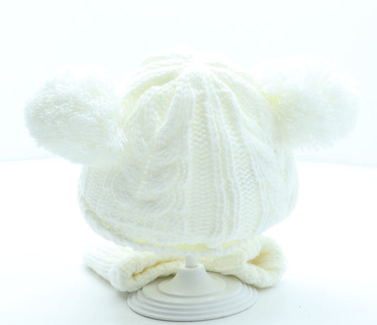 F&F Girls Ivory Acrylic Bobble Hat One Size - Mittens included