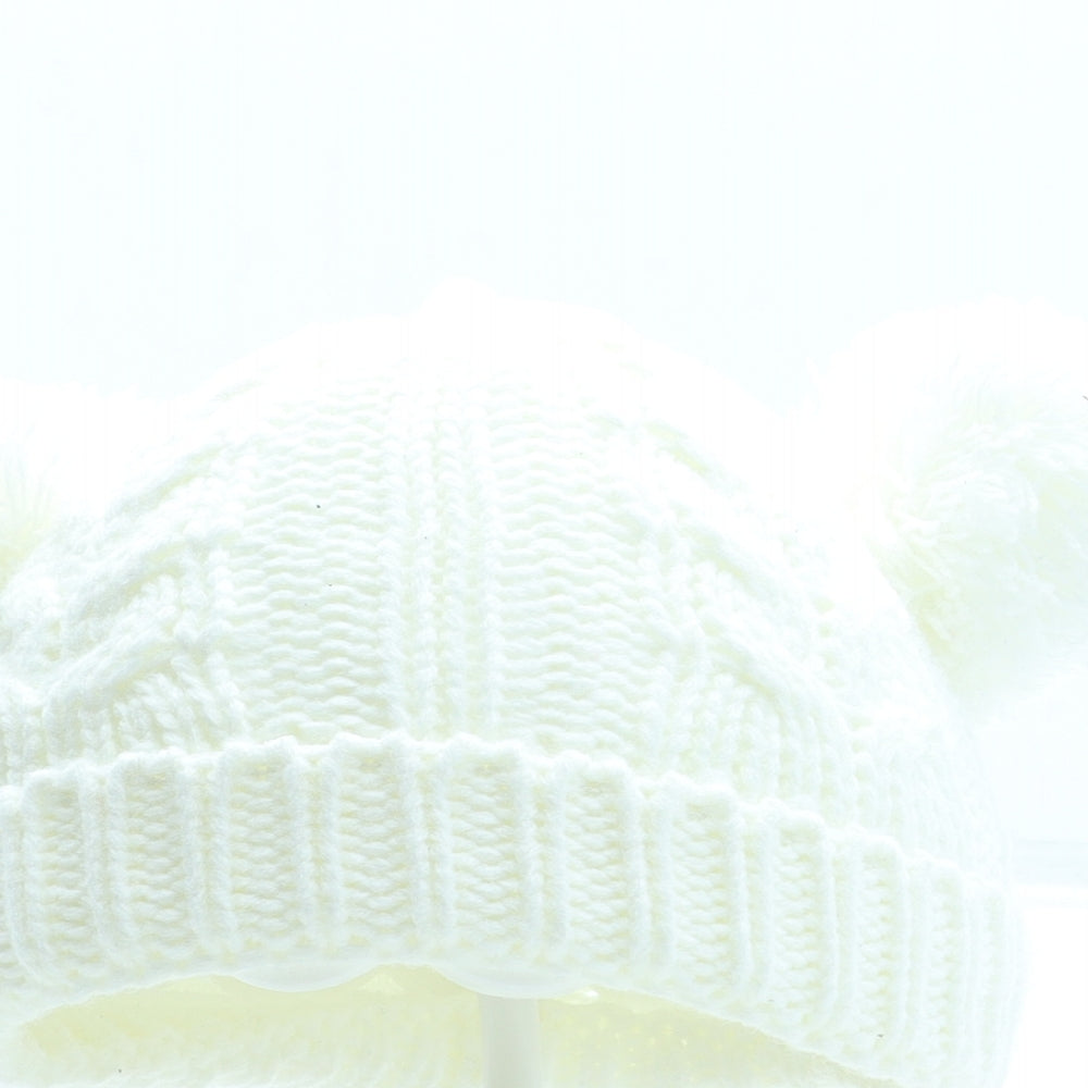 F&F Girls Ivory Acrylic Bobble Hat One Size - Mittens included