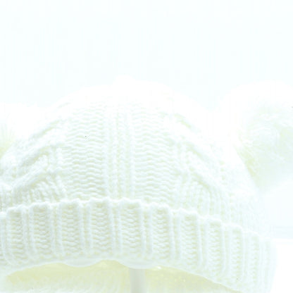 F&F Girls Ivory Acrylic Bobble Hat One Size - Mittens included