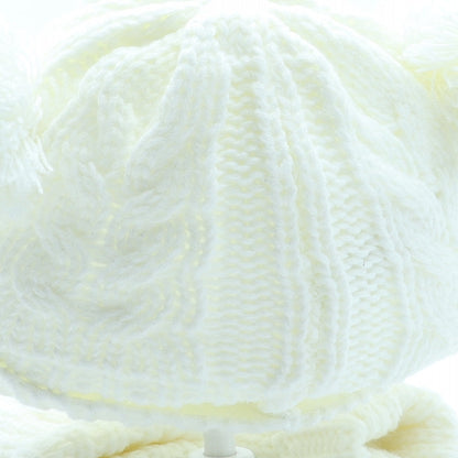 F&F Girls Ivory Acrylic Bobble Hat One Size - Mittens included