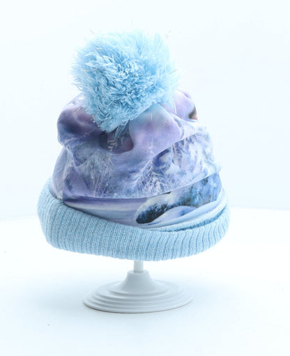 Disney Girls Blue Geometric Polyester Bobble Hat One Size - Frozen