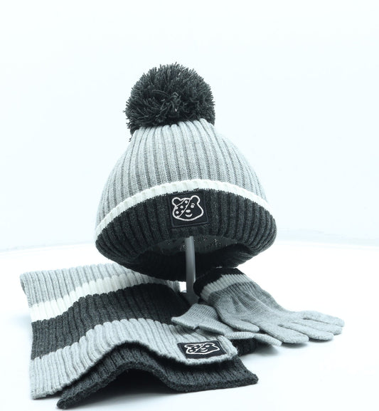 George Girls Grey Striped Acrylic Bobble Hat One Size - Pudsey Bear / Unisex