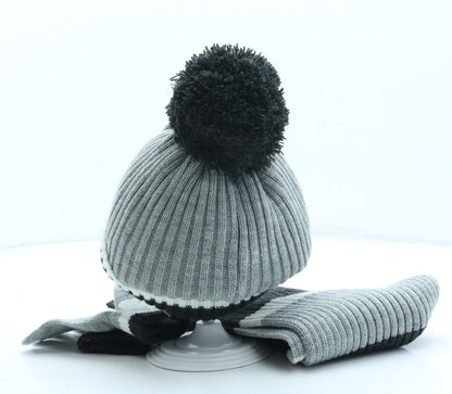 George Girls Grey Striped Acrylic Bobble Hat One Size - Pudsey Bear / Unisex
