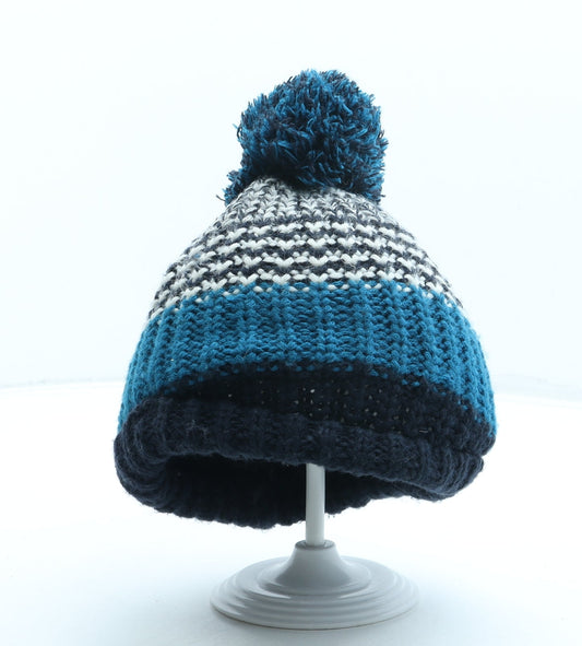 F&F Boys Blue Striped Acrylic Bobble Hat One Size - Pom Pom