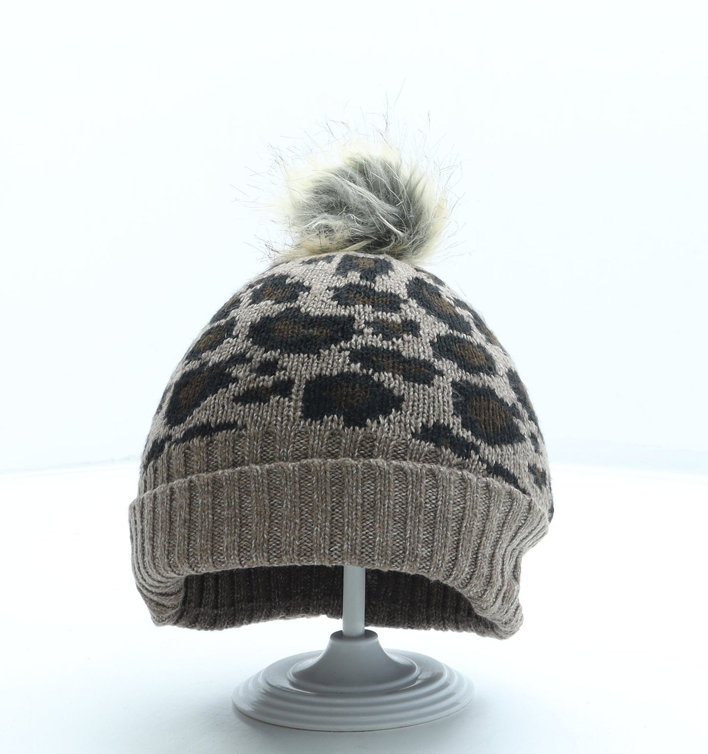 F&F Girls Brown Animal Print Acrylic Bobble Hat One Size - Pom Pom