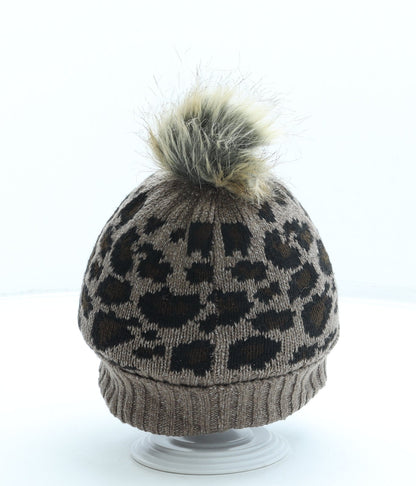 F&F Girls Brown Animal Print Acrylic Bobble Hat One Size - Pom Pom