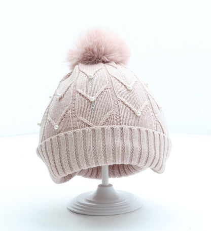 Primark Girls Pink Acrylic Bobble Hat Size M - Pom Pom