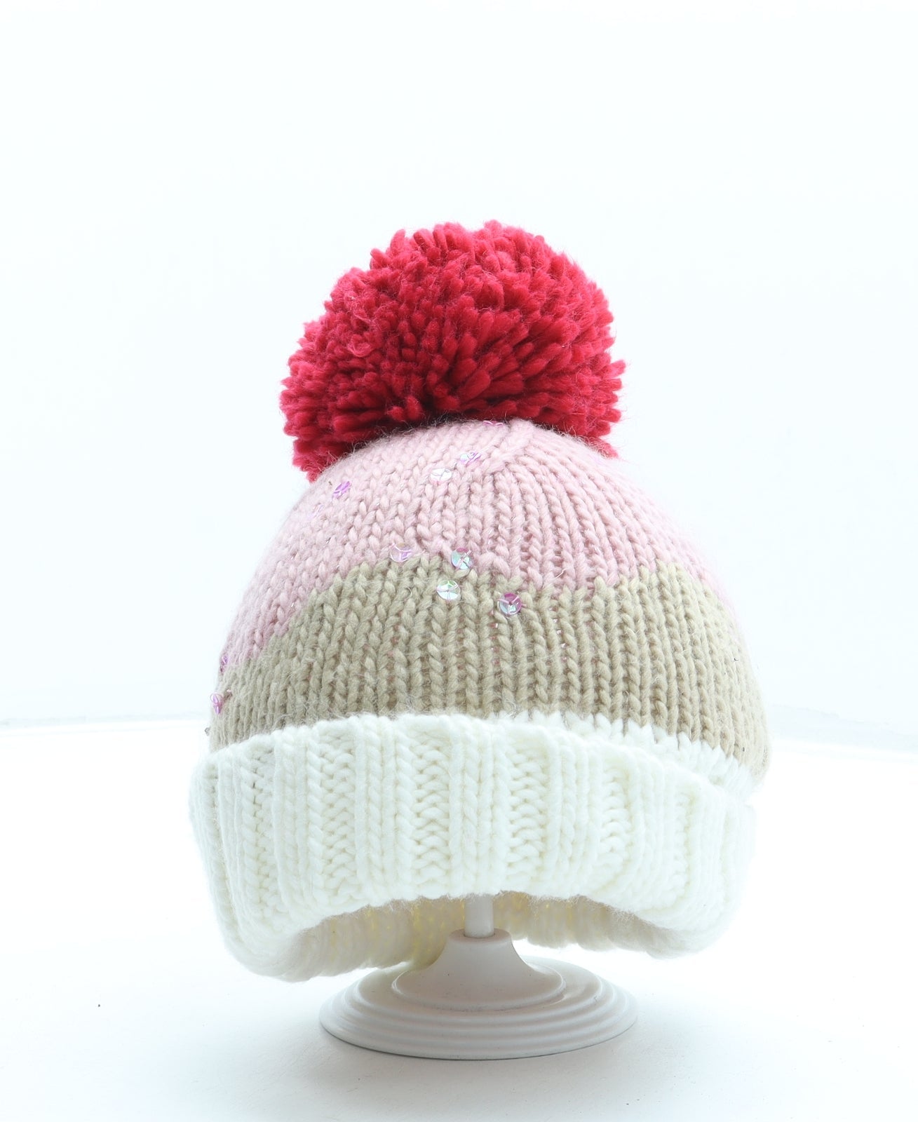 F&F Girls Pink Colourblock Acrylic Bobble Hat One Size - Pom Pom