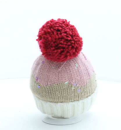 F&F Girls Pink Colourblock Acrylic Bobble Hat One Size - Pom Pom