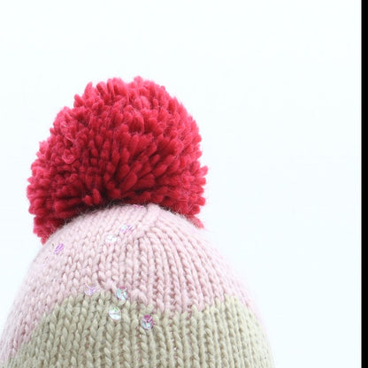 F&F Girls Pink Colourblock Acrylic Bobble Hat One Size - Pom Pom
