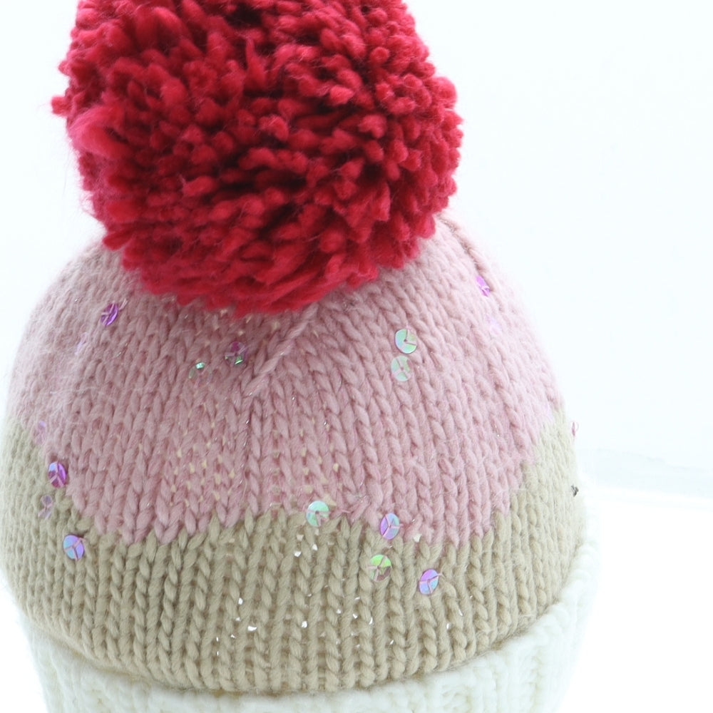 F&F Girls Pink Colourblock Acrylic Bobble Hat One Size - Pom Pom