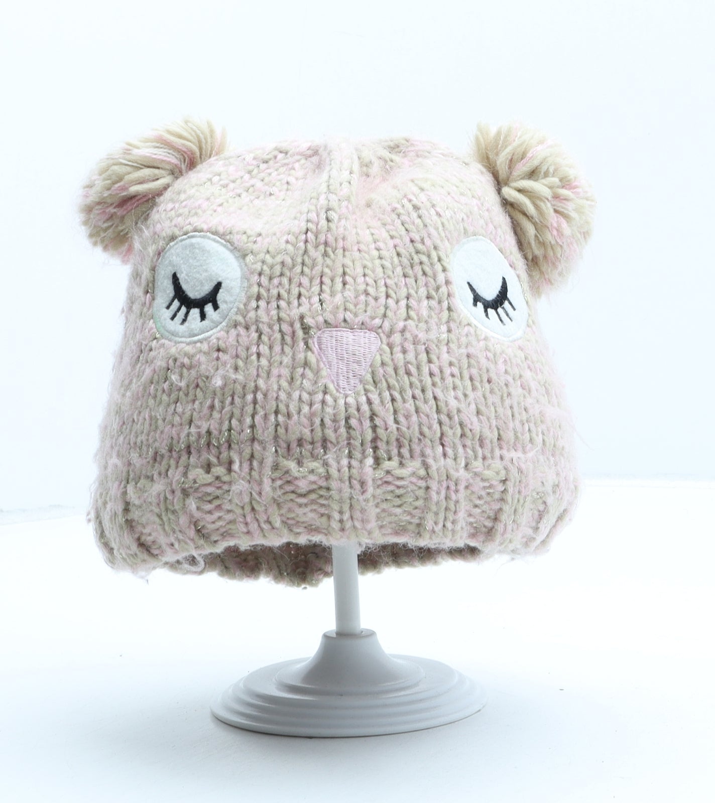 George Girls Beige Striped Polyester Bobble Hat One Size - Owl