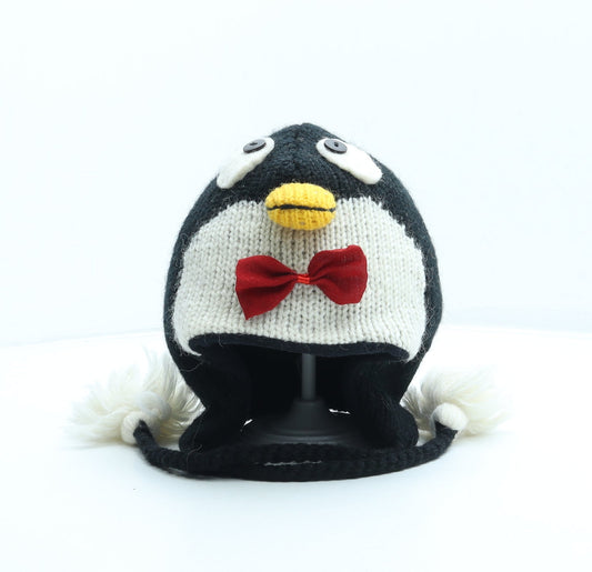 Preworn Girls Black 100% Wool Bonnet One Size - Penguin Design
