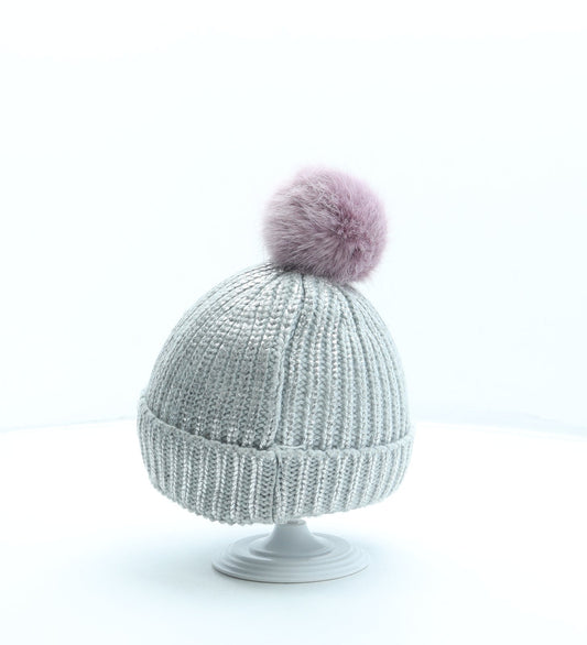 F&F Girls Silver Acrylic Bobble Hat Size S