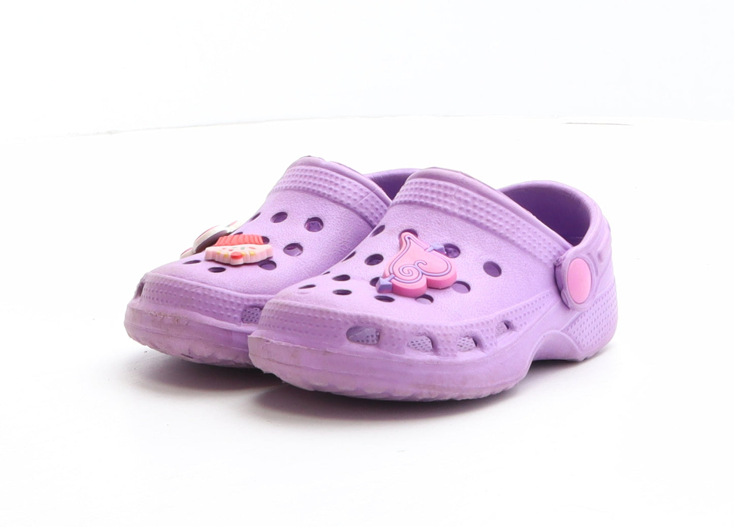 Preworn Girls Purple Synthetic Clog Sandal UK 4.5 21 - Heart detail, Butterfly detail, Cupcake detail