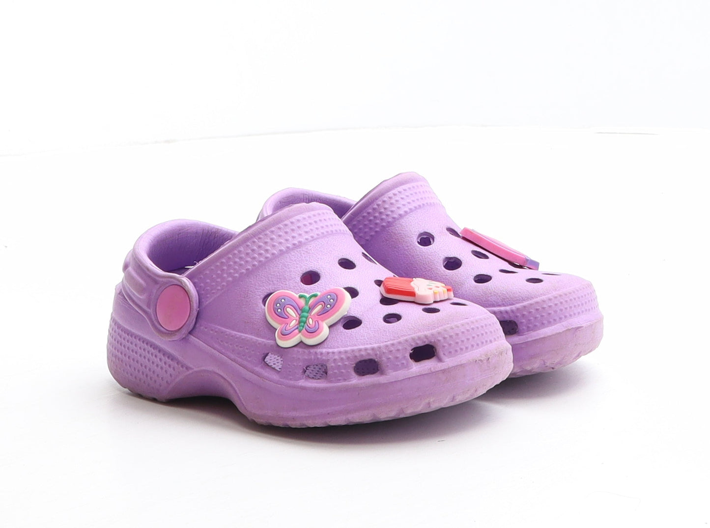 Preworn Girls Purple Synthetic Clog Sandal UK 4.5 21 - Heart detail, Butterfly detail, Cupcake detail