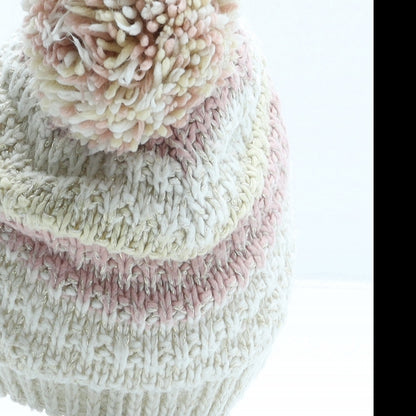 George Girls Beige Striped Acrylic Bobble Hat One Size