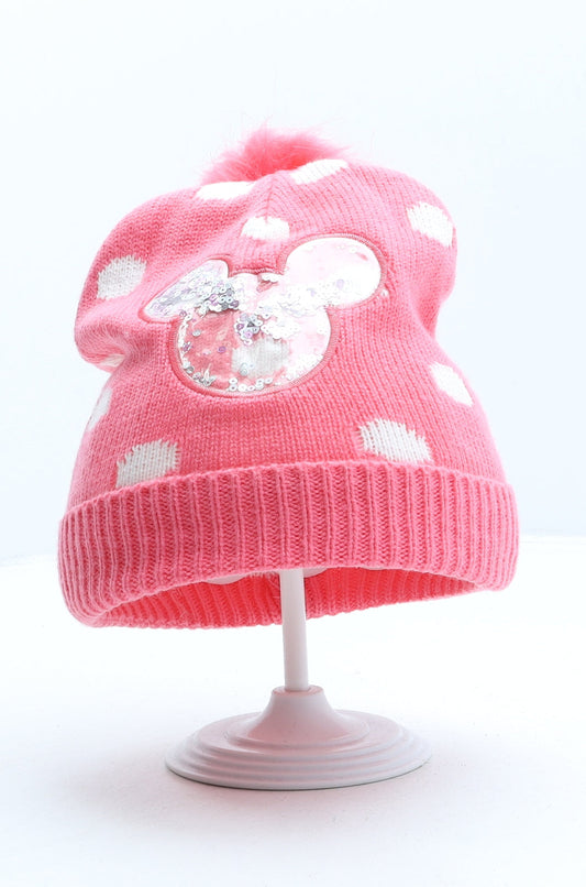 Primark Girls Pink Polka Dot Acrylic Bobble Hat Size M - Mickey Mouse