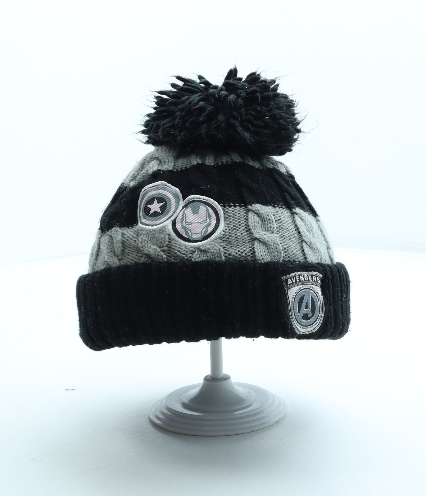 George Boys Black Striped Acrylic Bobble Hat One Size - Avengers