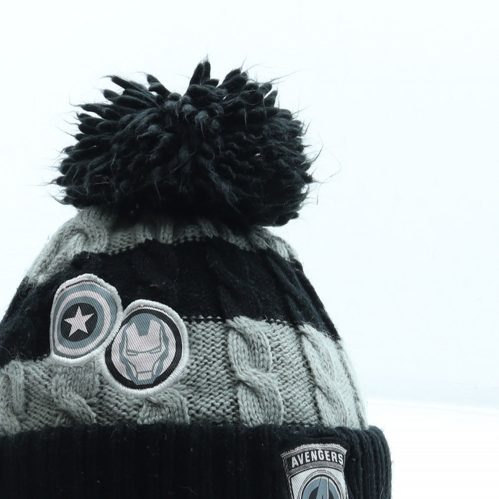 George Boys Black Striped Acrylic Bobble Hat One Size - Avengers