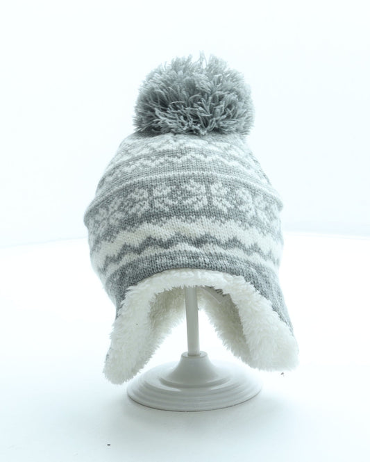 Primark Girls Grey Fair Isle Acrylic Bobble Hat Size S - Pom Pom