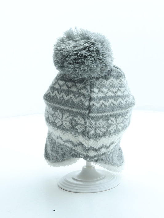Primark Girls Grey Fair Isle Acrylic Bobble Hat Size S - Pom Pom
