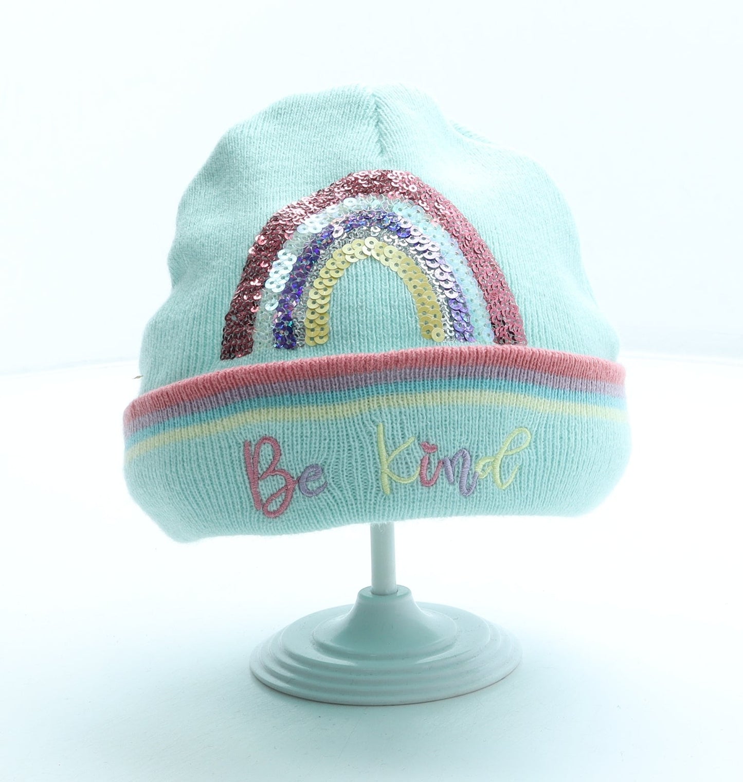 F&F Girls Blue Acrylic Beanie Size S - Be Kind rainbow