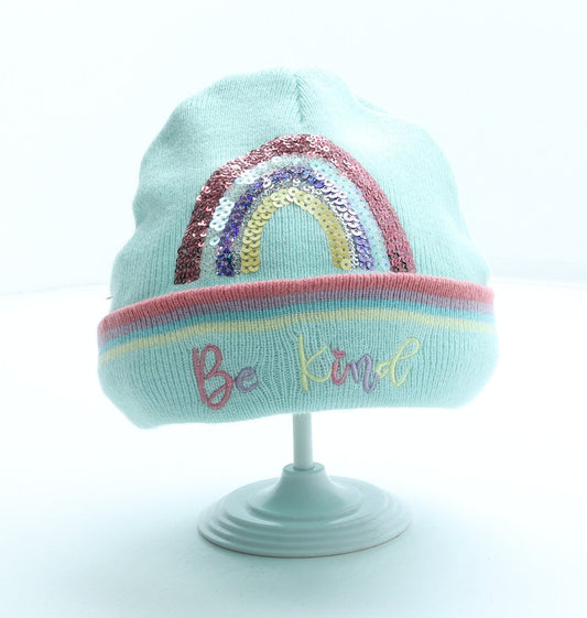 F&F Girls Blue Acrylic Beanie Size S - Be Kind rainbow