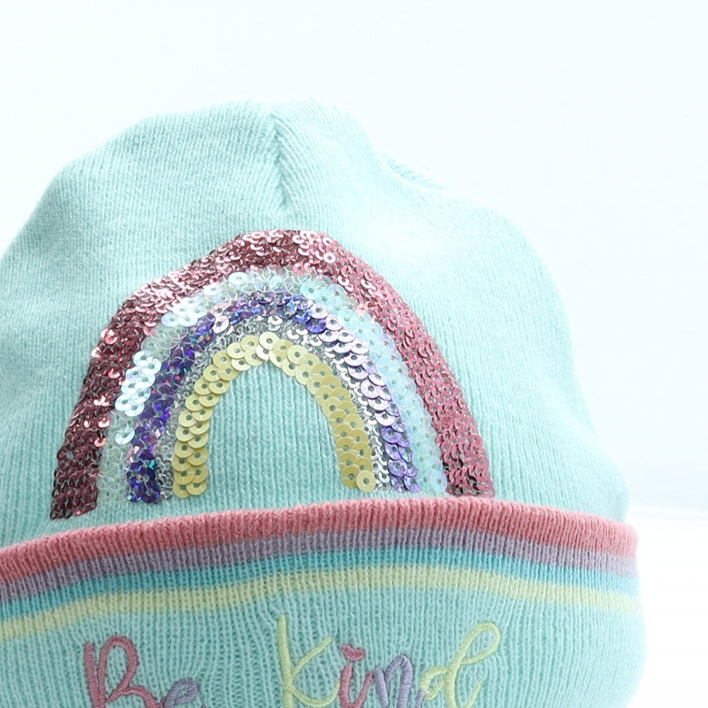 F&F Girls Blue Acrylic Beanie Size S - Be Kind rainbow