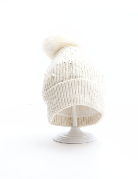Preworn Girls Ivory Acrylic Bobble Hat One Size - Pear details