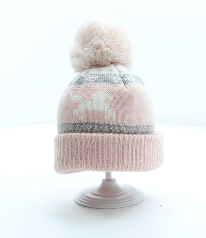 Primark Girls Pink Fair Isle Acrylic Bobble Hat Size S - Unicorn