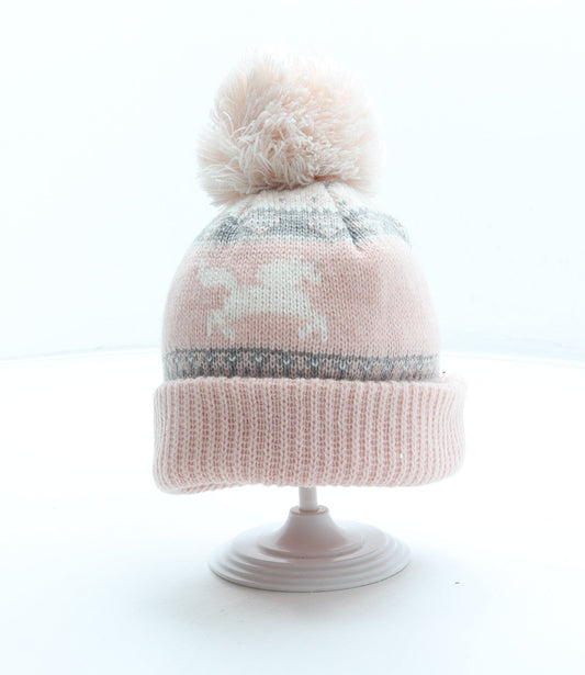 Primark Girls Pink Fair Isle Acrylic Bobble Hat Size S - Unicorn