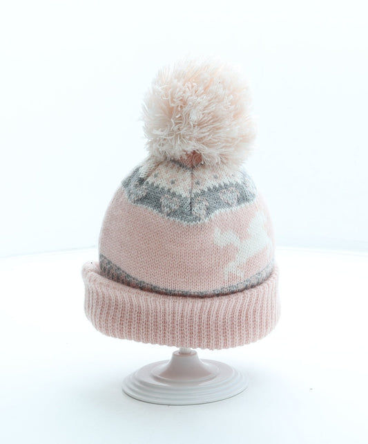 Primark Girls Pink Fair Isle Acrylic Bobble Hat Size S - Unicorn