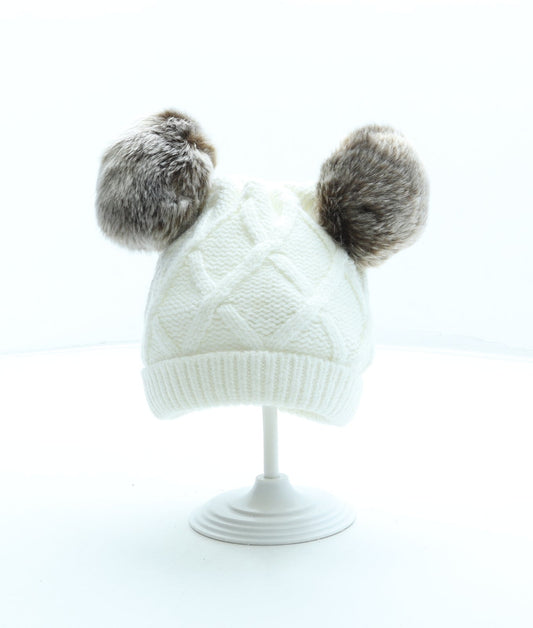 F&F Girls White Acrylic Bobble Hat Size S - Faux fur